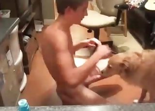 Awesome trained doggy is sucking a huge dick - Anal Zoofilia